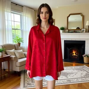 Morgan Taylor Women L Long Sleeve Pajama Top Red Satin Bridal Love Button Up